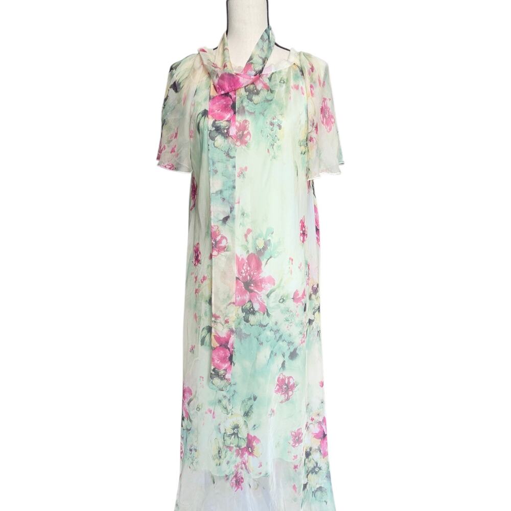 MedeShe Maxi Dress Sz M Pastel Chiffon Floral Spring Lined Scarf Short Sleeve